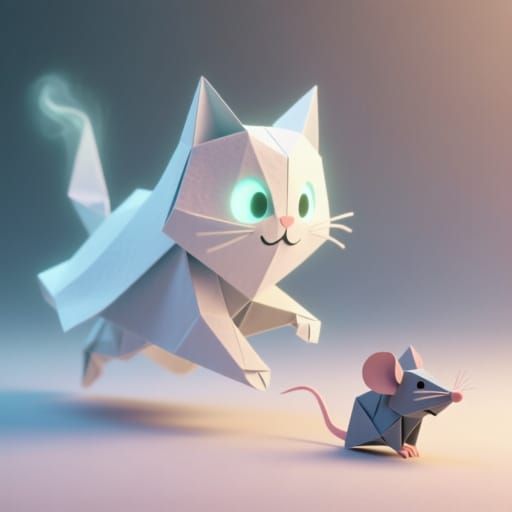 Origami Ghost Cat Chasing Mouse in 3D Art Style