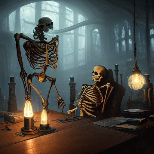 Steampunk Skeleton Student Writes Homework