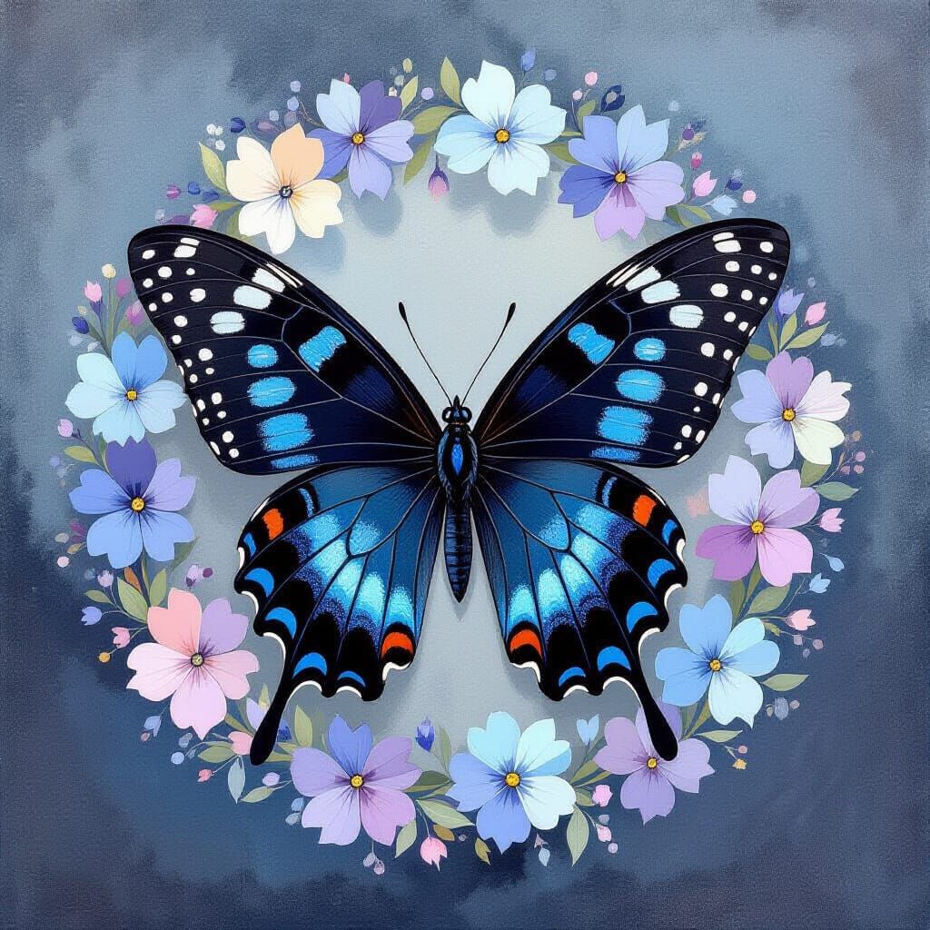 Black Butterfly with Iridescent Details in Watercolor Style
