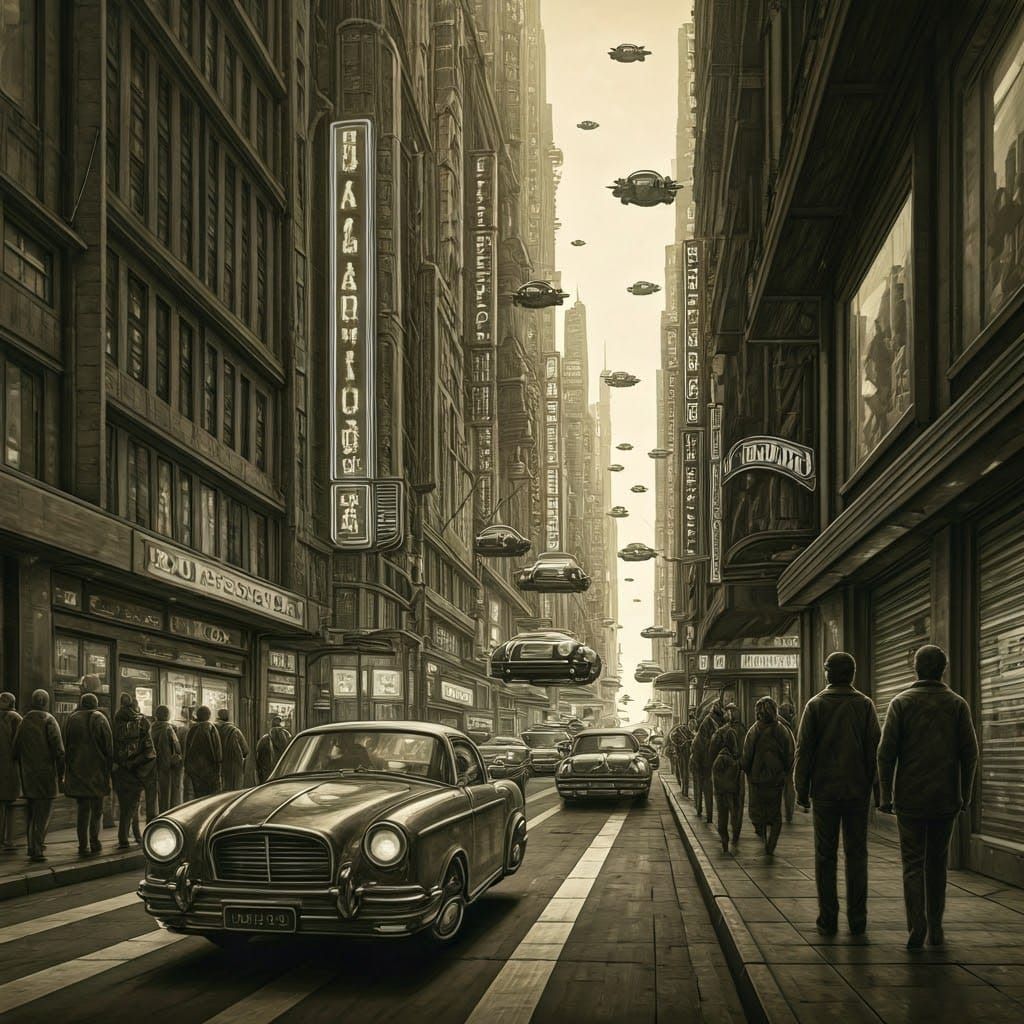 Busy Metropolis Street Scene in Retro-Futuristic Style