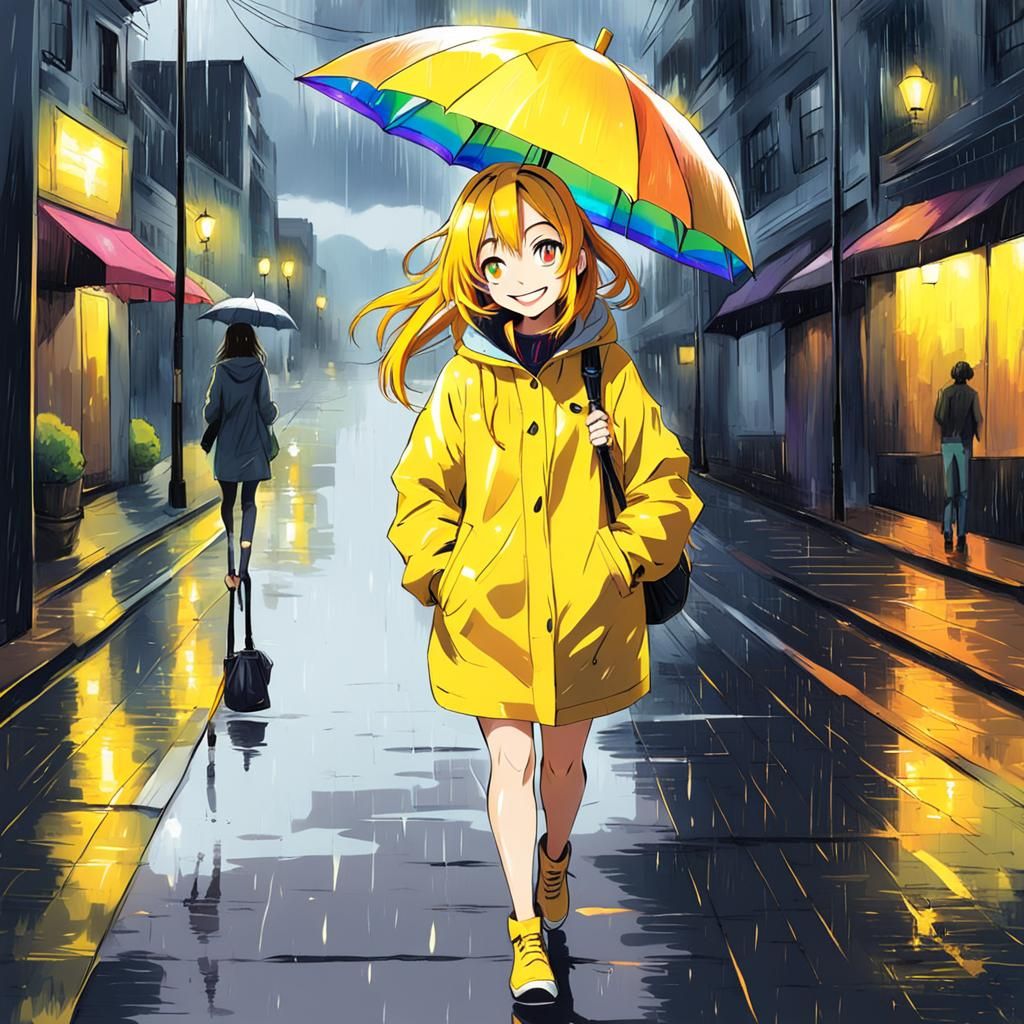 Anime Art: Woman in Yellow Cloak on Rainy Street