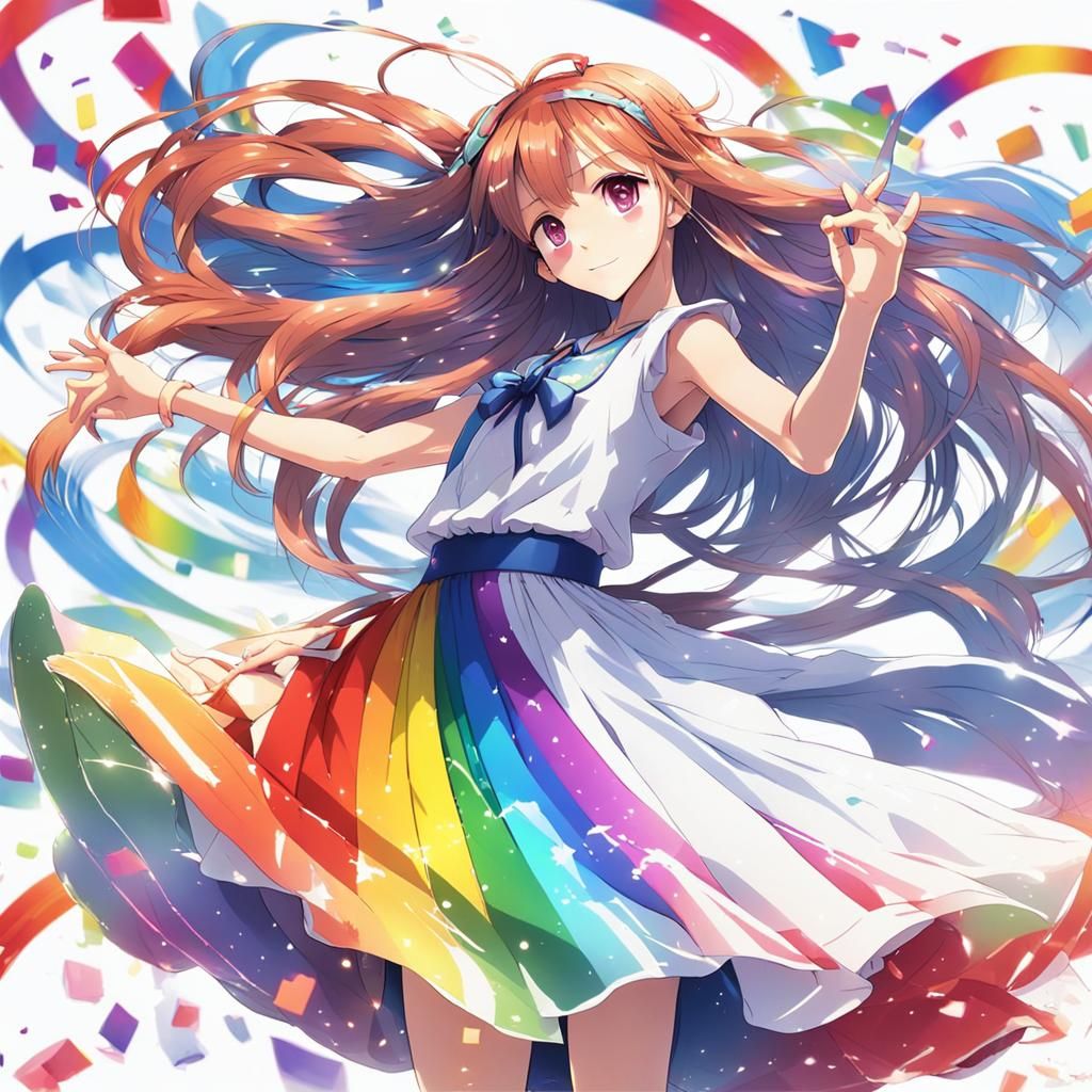 Girl Dancing in Rainbow Dress, Anime Style