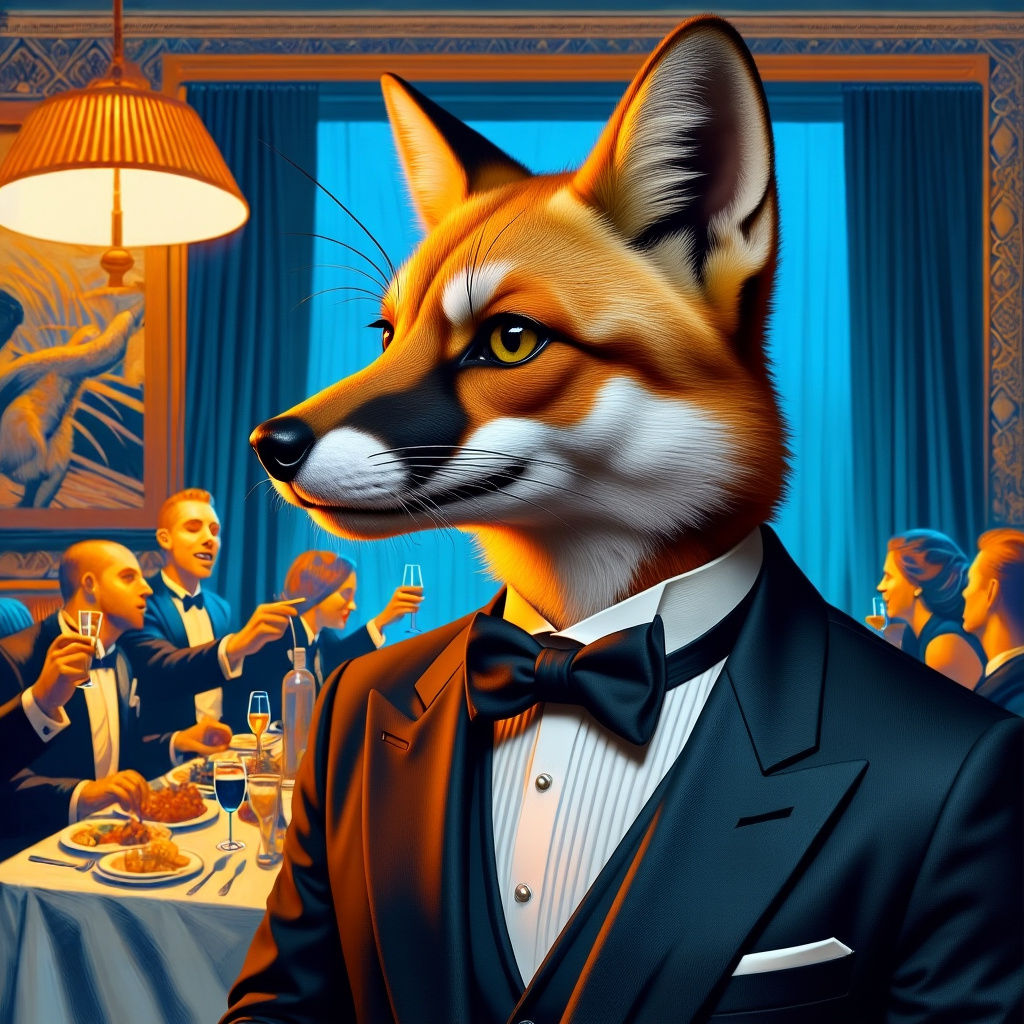 Anthropomorphic Fox in Tuxedo at Dinner Party