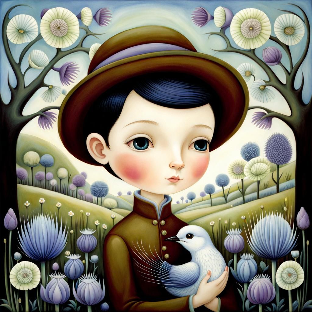 Boy with Bird in Spring Garden