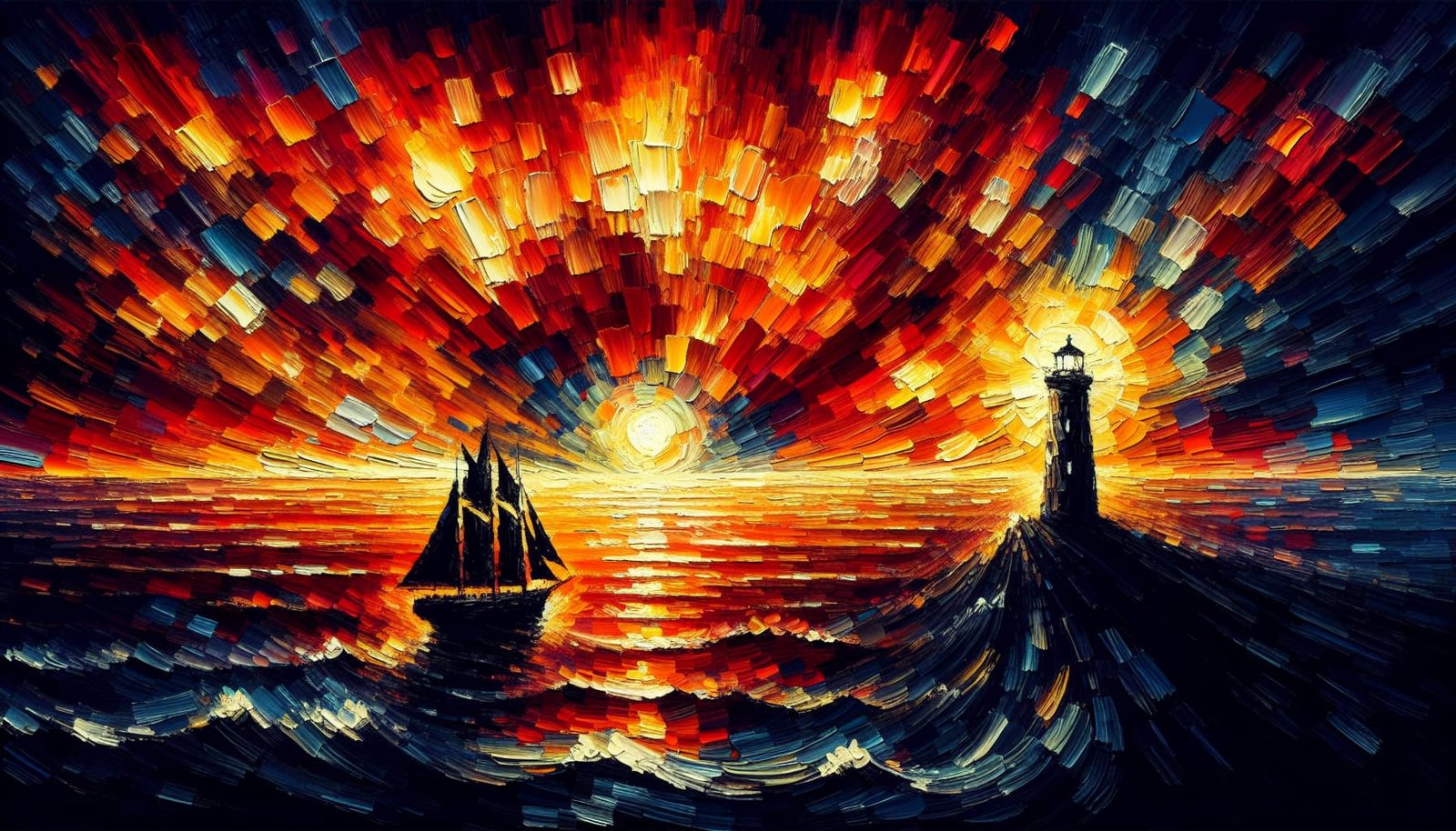 Vibrant Sunset Sailboat Scene in Impasto Style