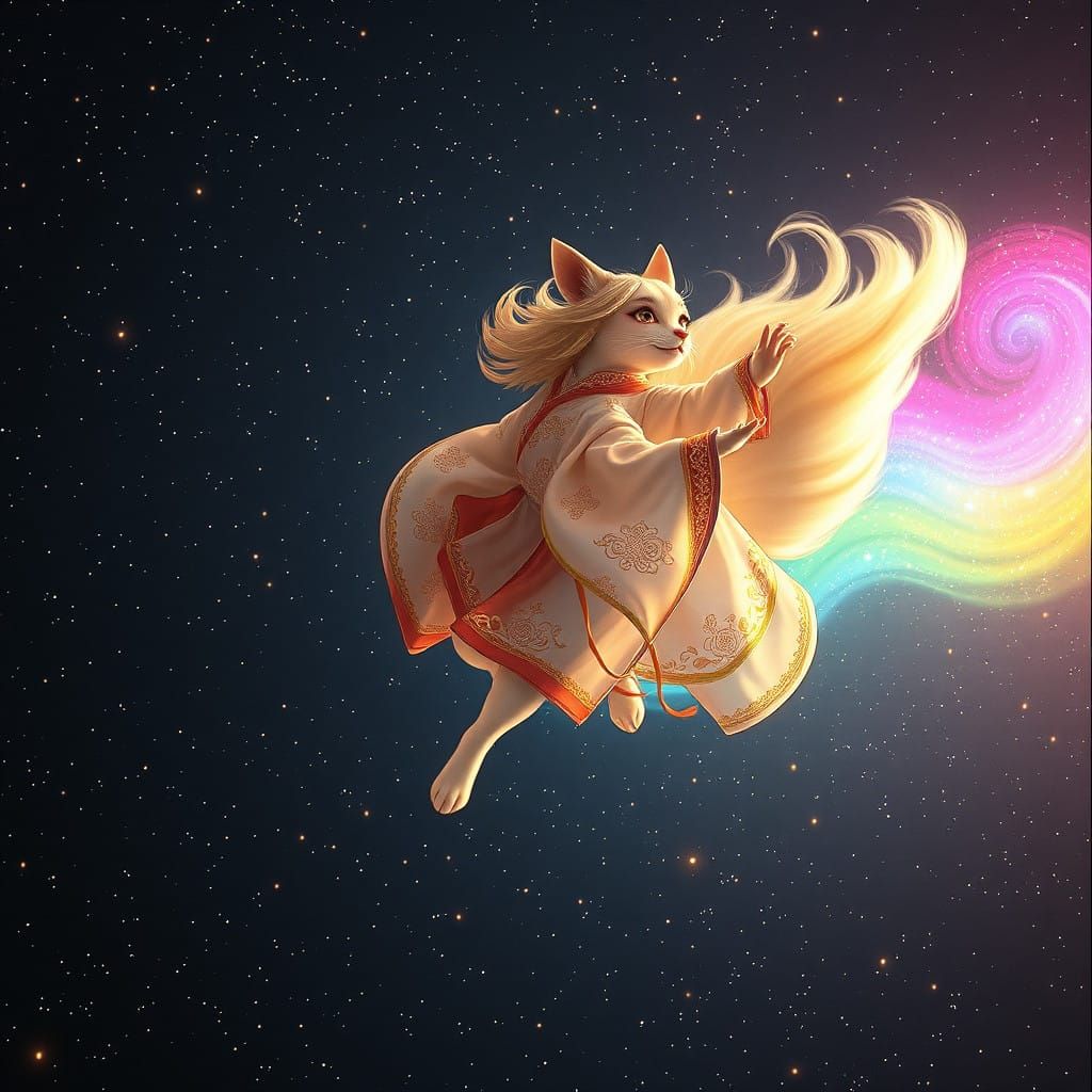 Celestial Kitsune Dances Across Starry Skies in Traditional...