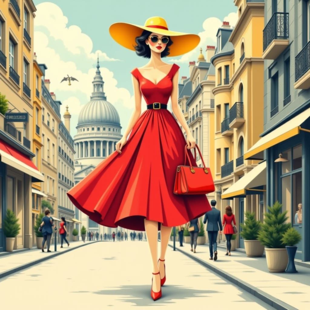 Woman in Red Dress and Yellow Sunhat on Parisian Street