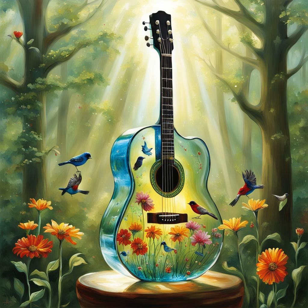Glass Guitar with Birds and Flowers