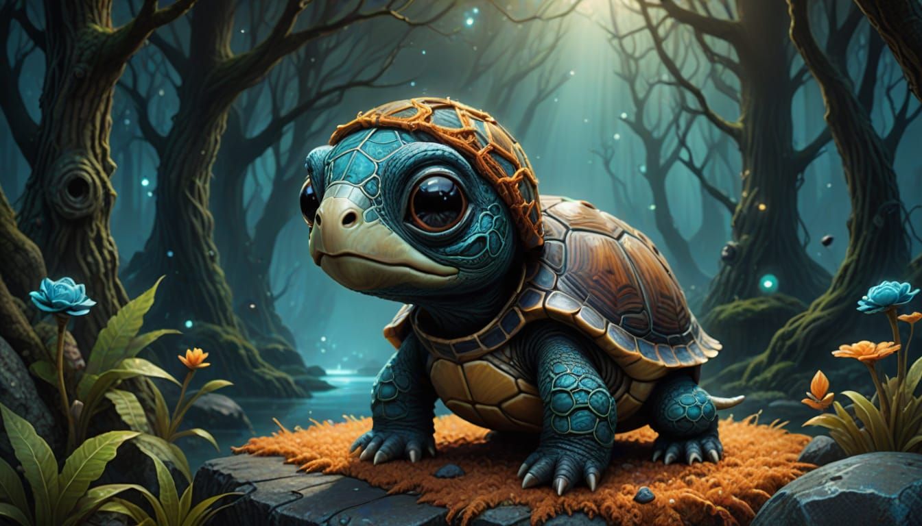 Punk Turtle with Sad Eyes in a Whimsical Scene
