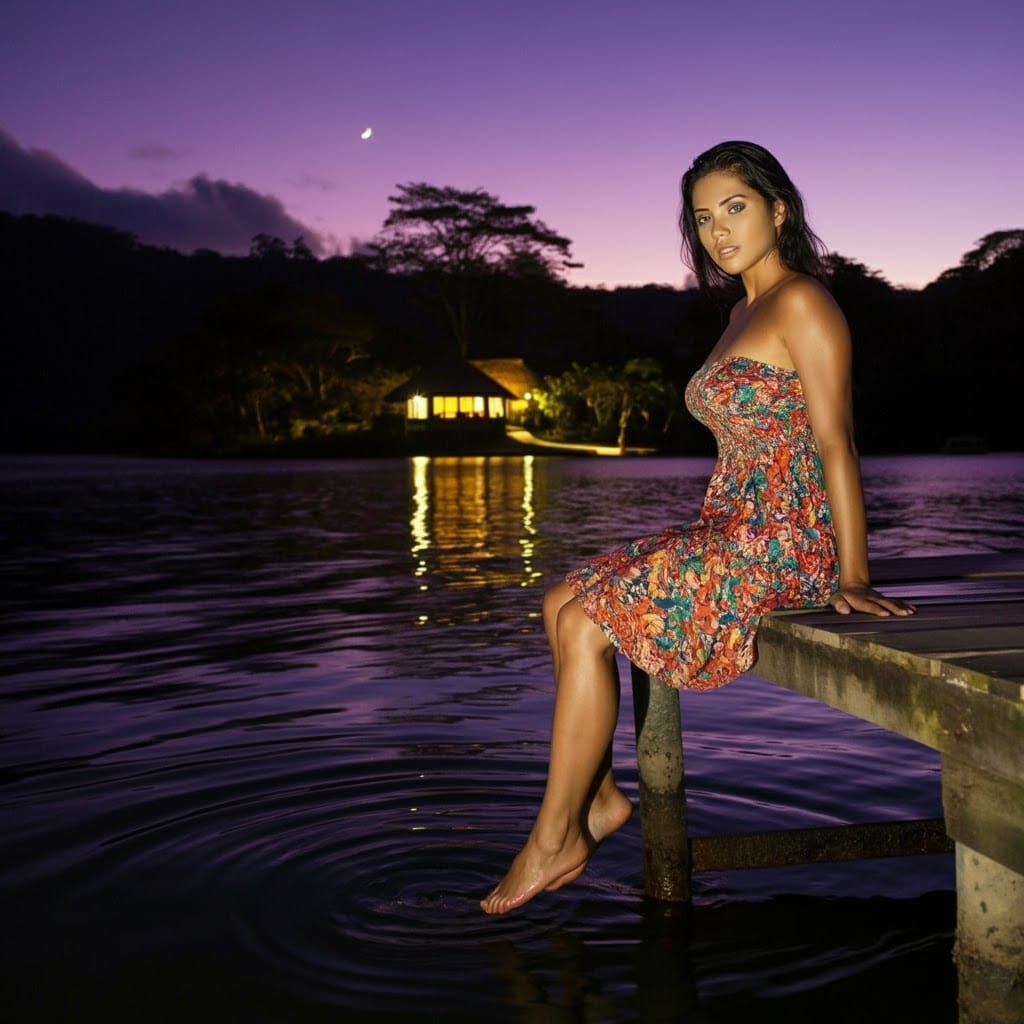Costa Rican Woman at Lake Dock Under Crescent Moon