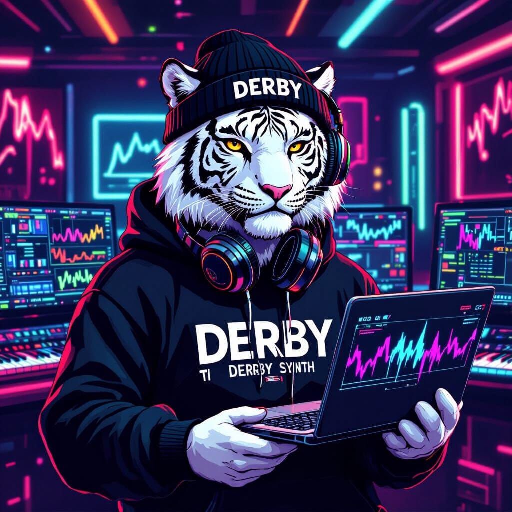 White Tiger DJ in Neon Studio with Laptop
