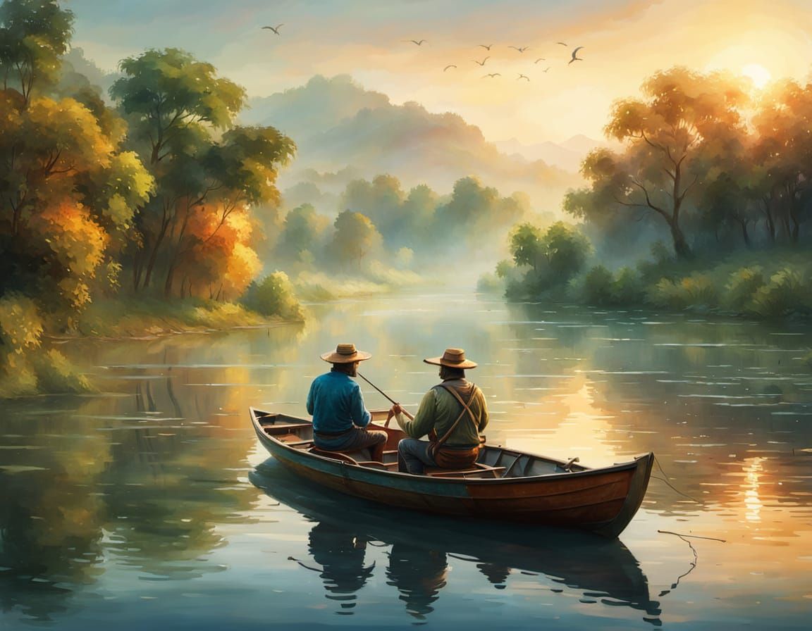 Kingfisher and Fisherman on Misty River in Watercolor Style