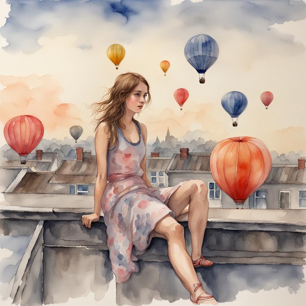 Watercolor Girl on Rooftop with Hot Air Balloons