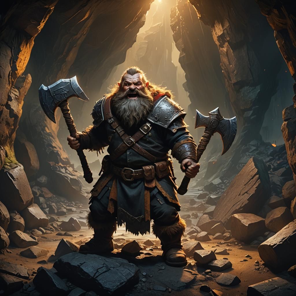 Dwarf Barbarian with Axe in Dark Cave
