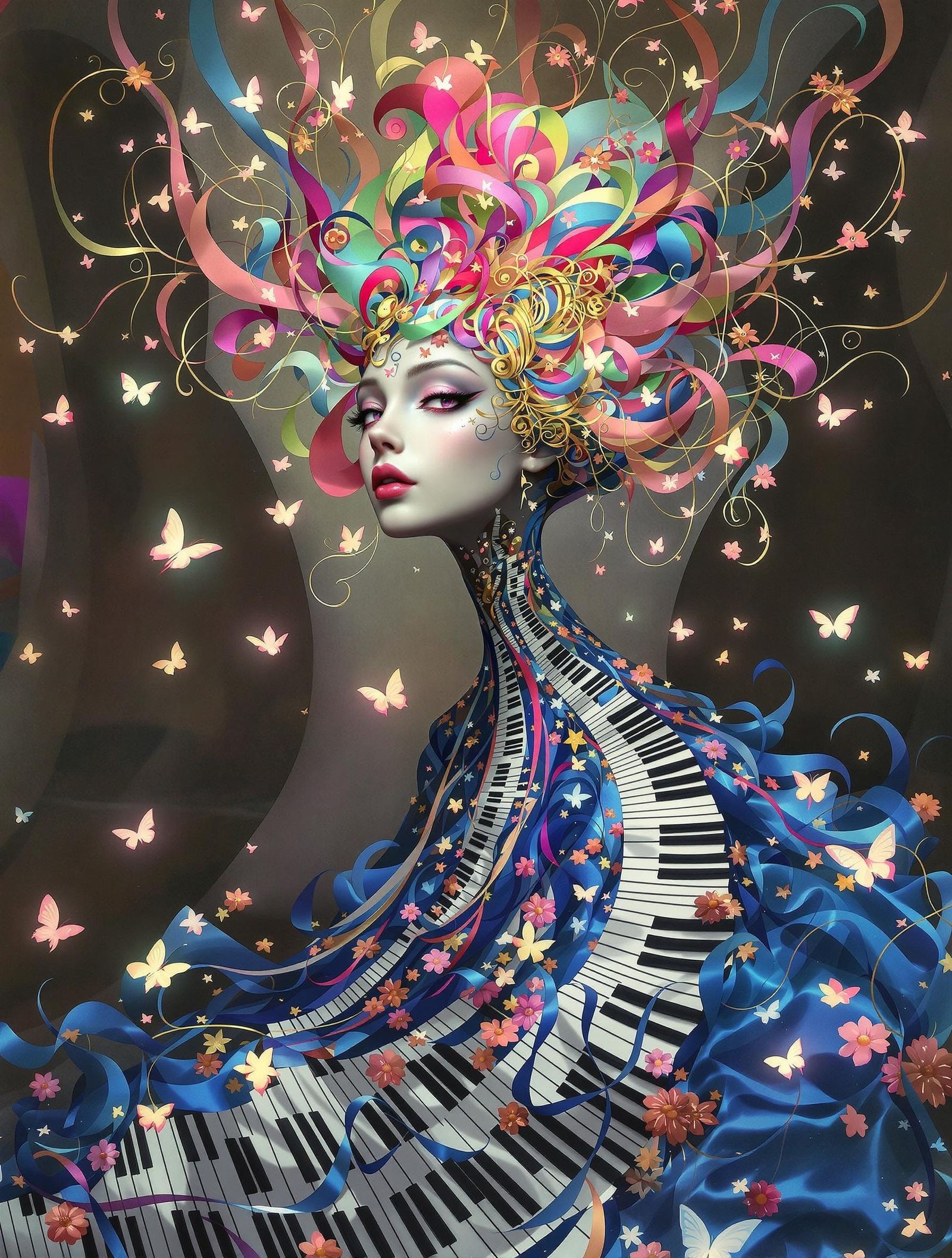 Surreal Art Nouveau Woman with Musical Harp