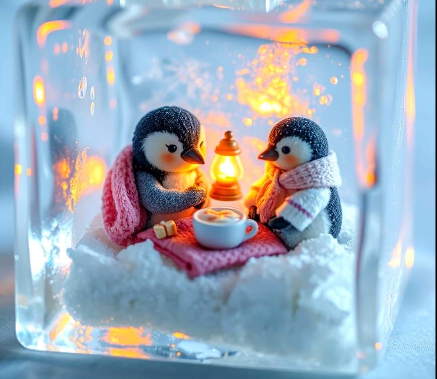 Heartwarming Winter Wonderland Scene in a Glowing Ice Cube