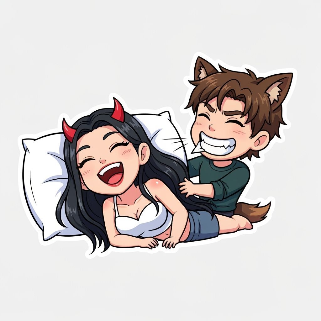 Happy Chibi Couple Laughing on Pillow