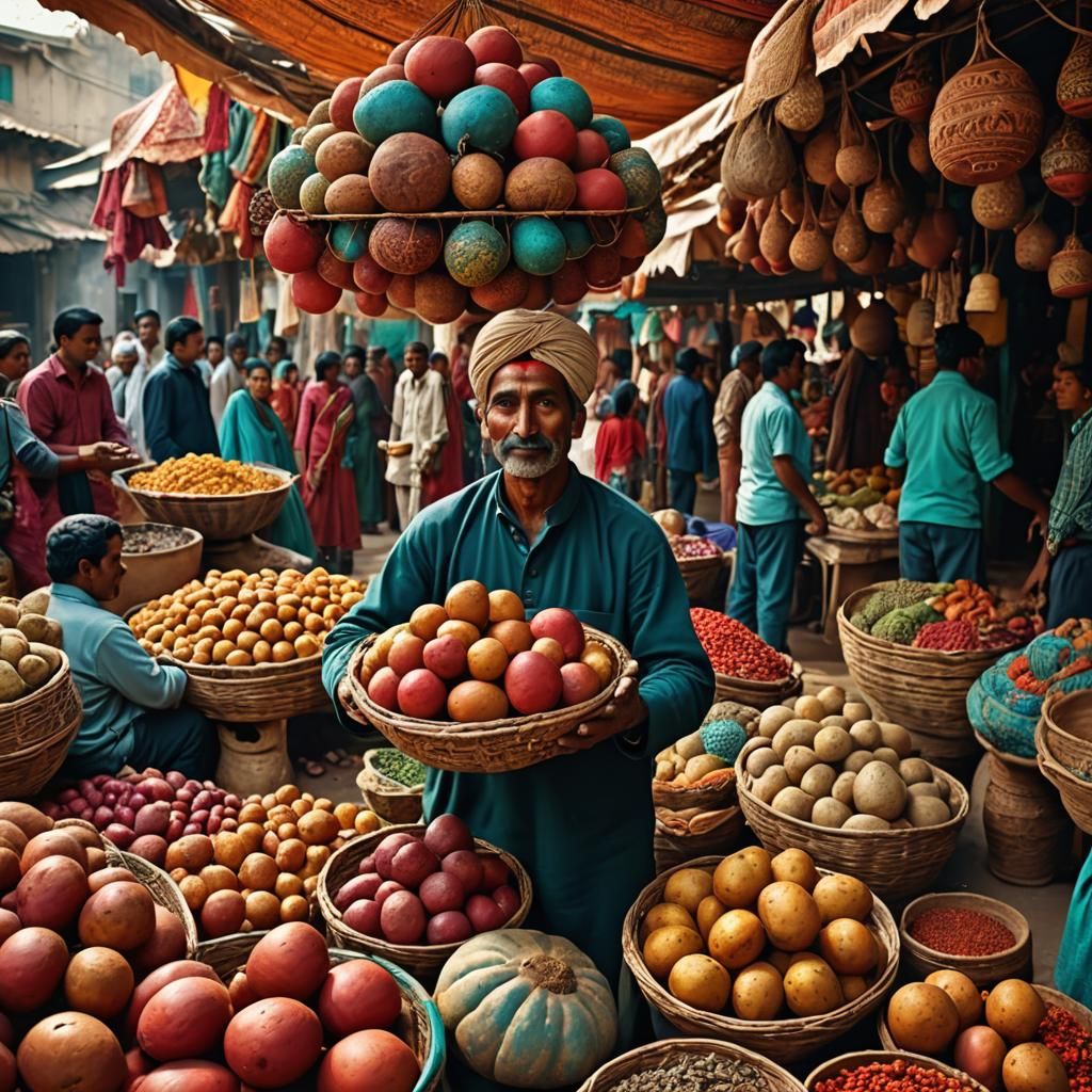 Colorful Indian Folk Art: Pottery Seller with Potato