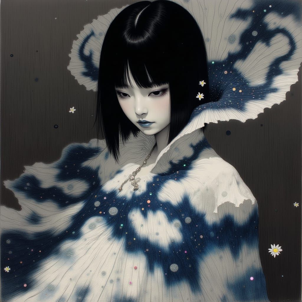 Enigmatic Japanese Woman in Shibori Tie-Dye Dress