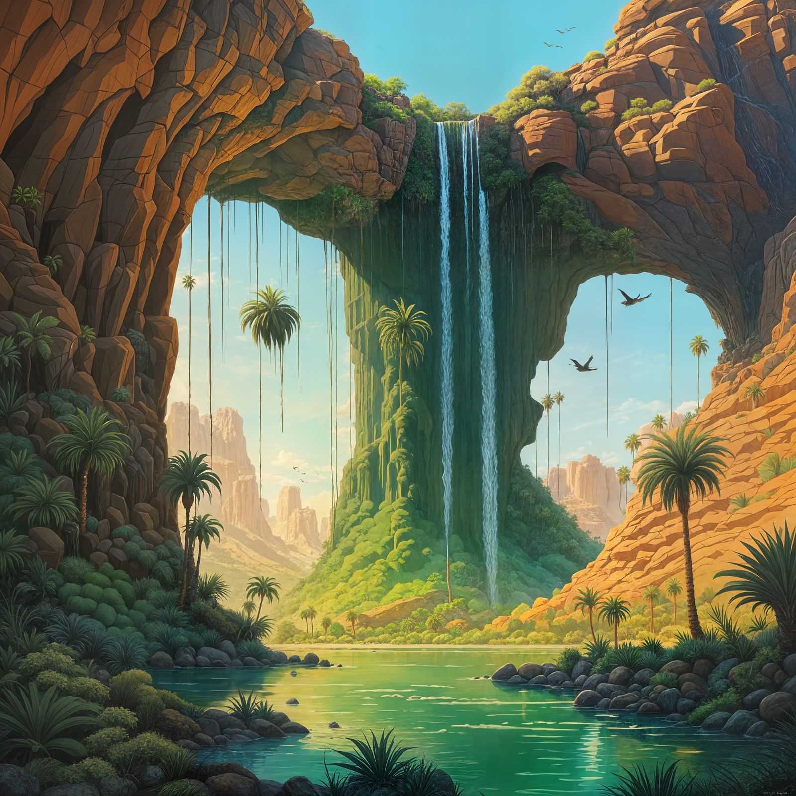 Hyperrealistic Waterfall in a Desert Oasis