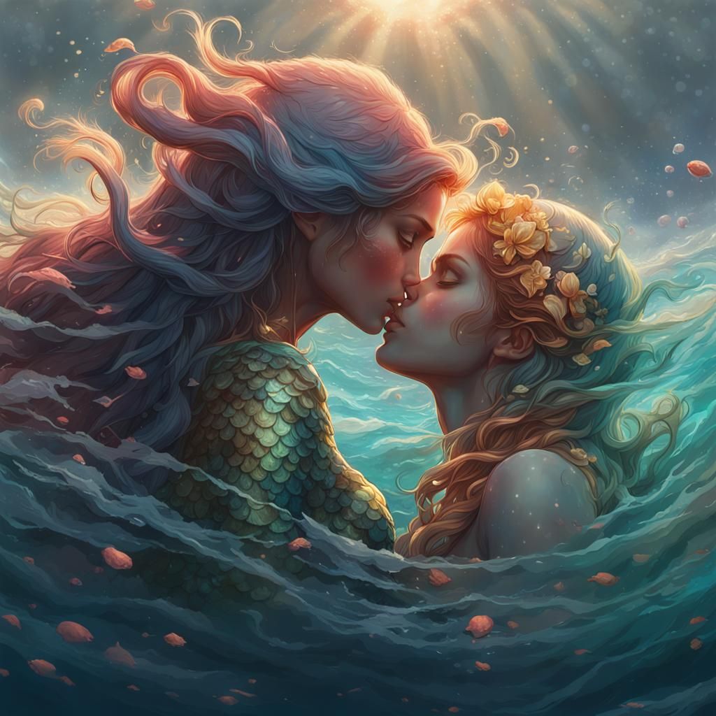 Mermaids Kissing: Hyperdetailed Concept Art Portrait