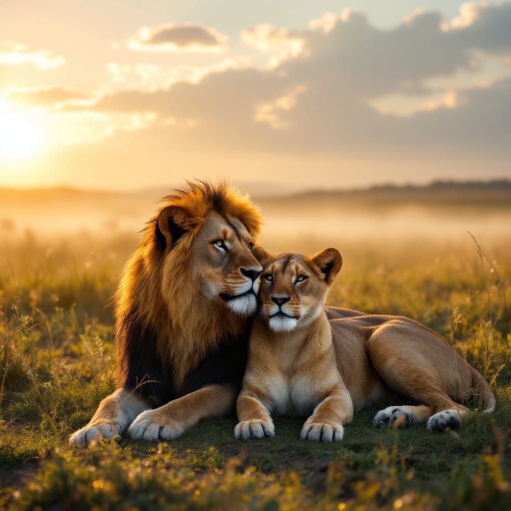 African Savannah Sunrise: Lion and Lioness in Golden Light