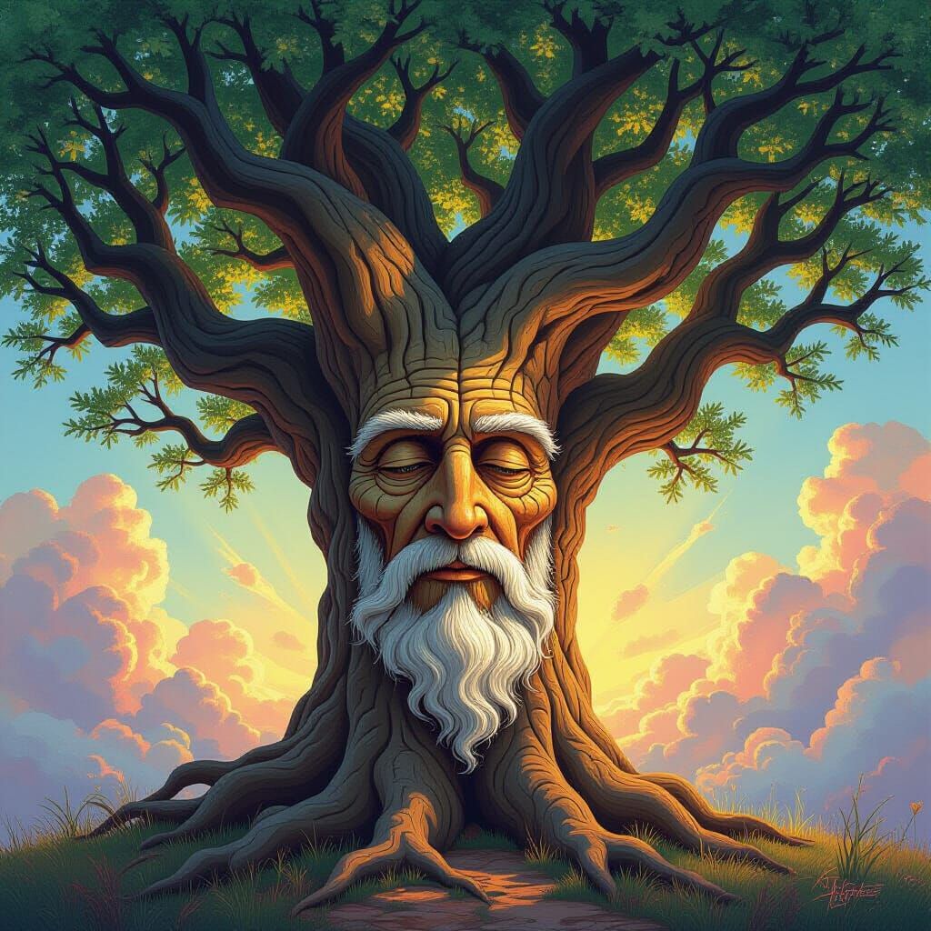 Wise Old Tree Portrait in Impressionistic Oil Painting