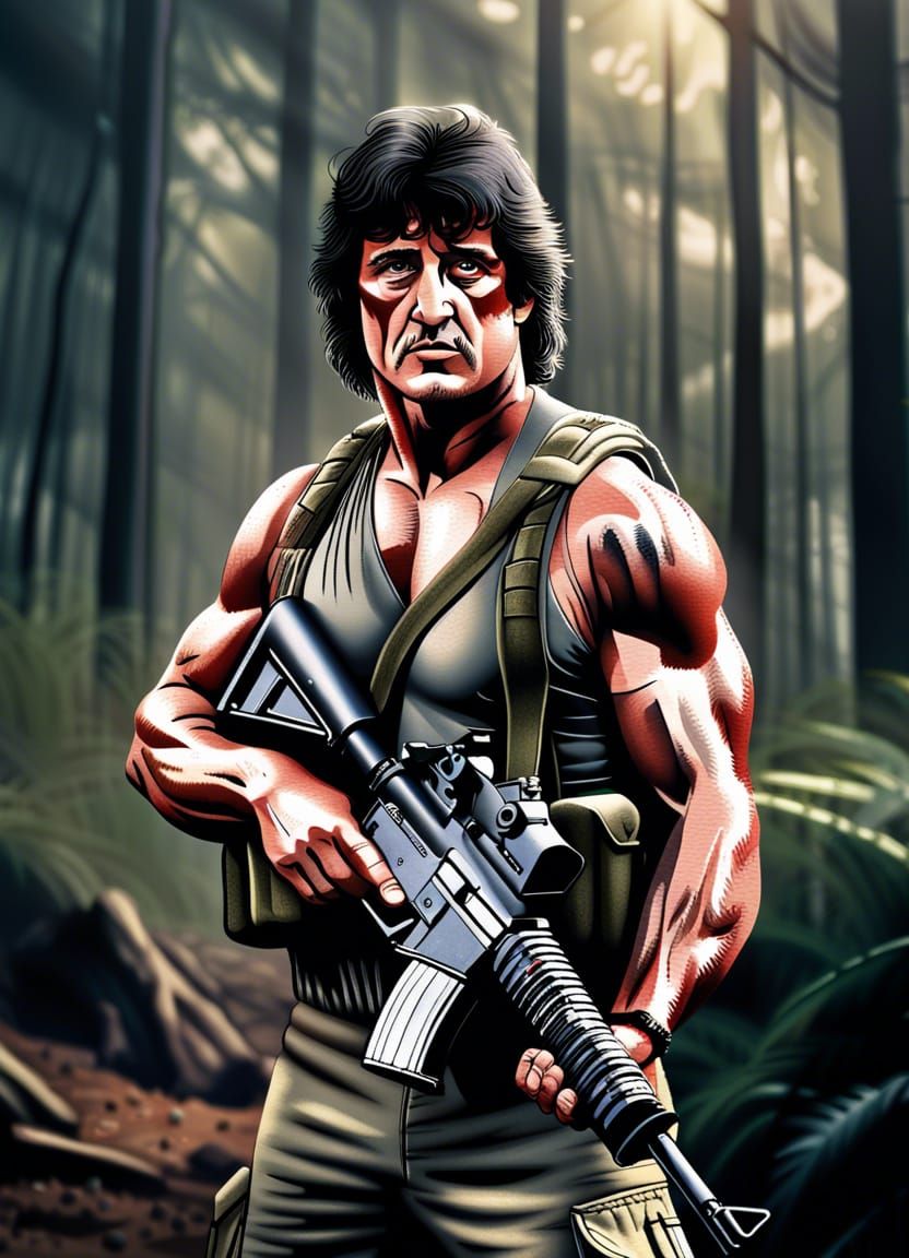 Hyperrealistic John Rambo with M16 in Forest