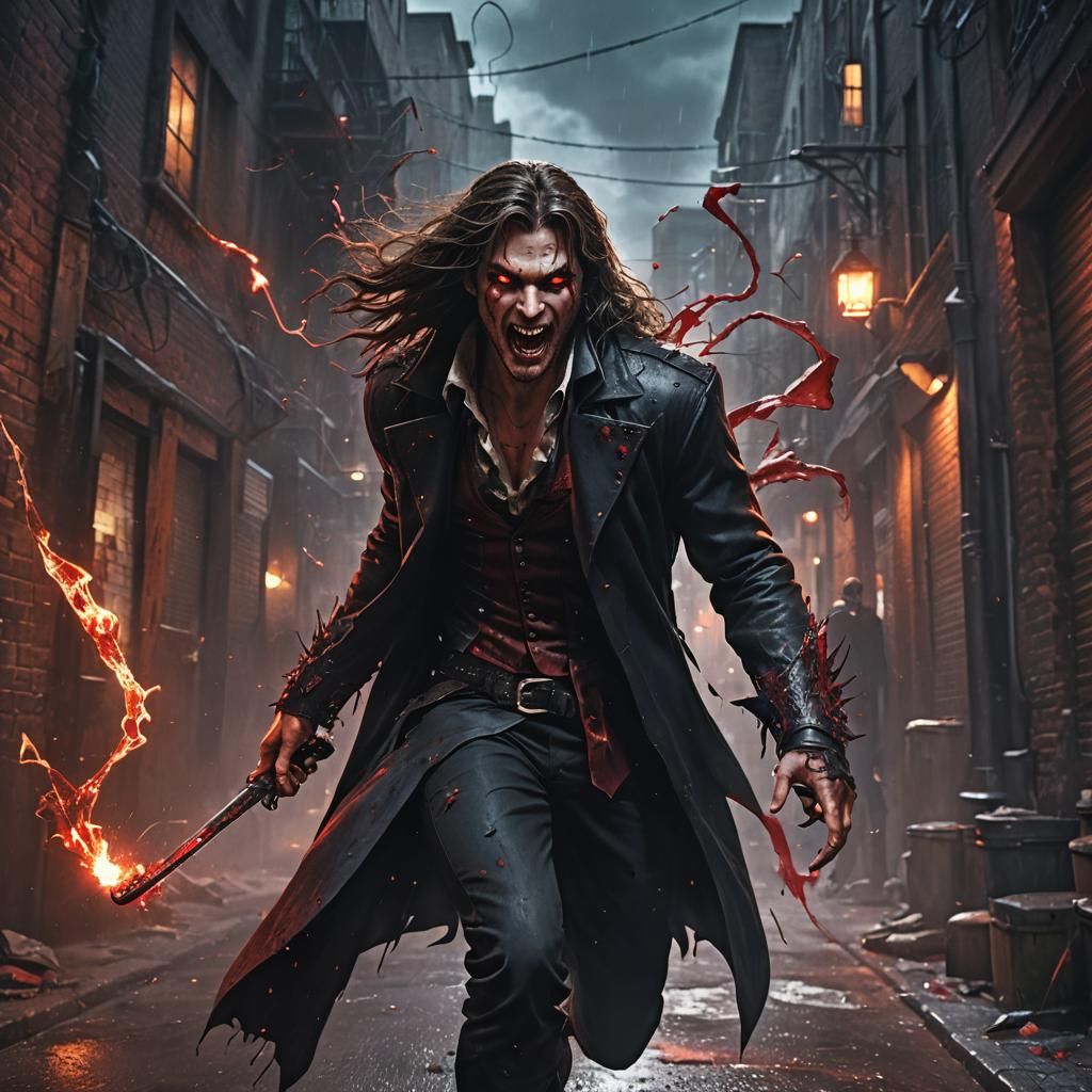 Vampire Attack in Dark Alley, Detailed Matte Painting
