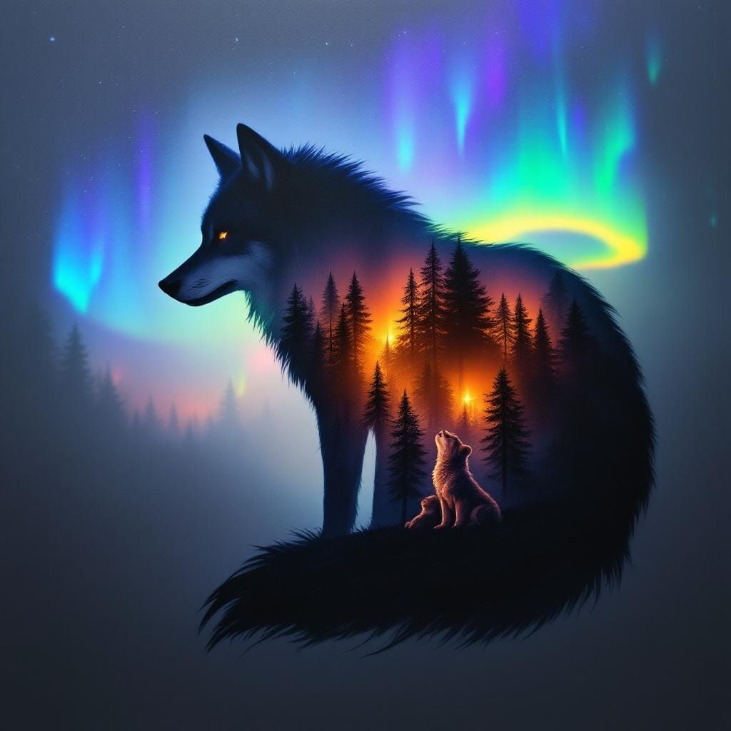 Timber Wolf Family in Northern Lights Forest