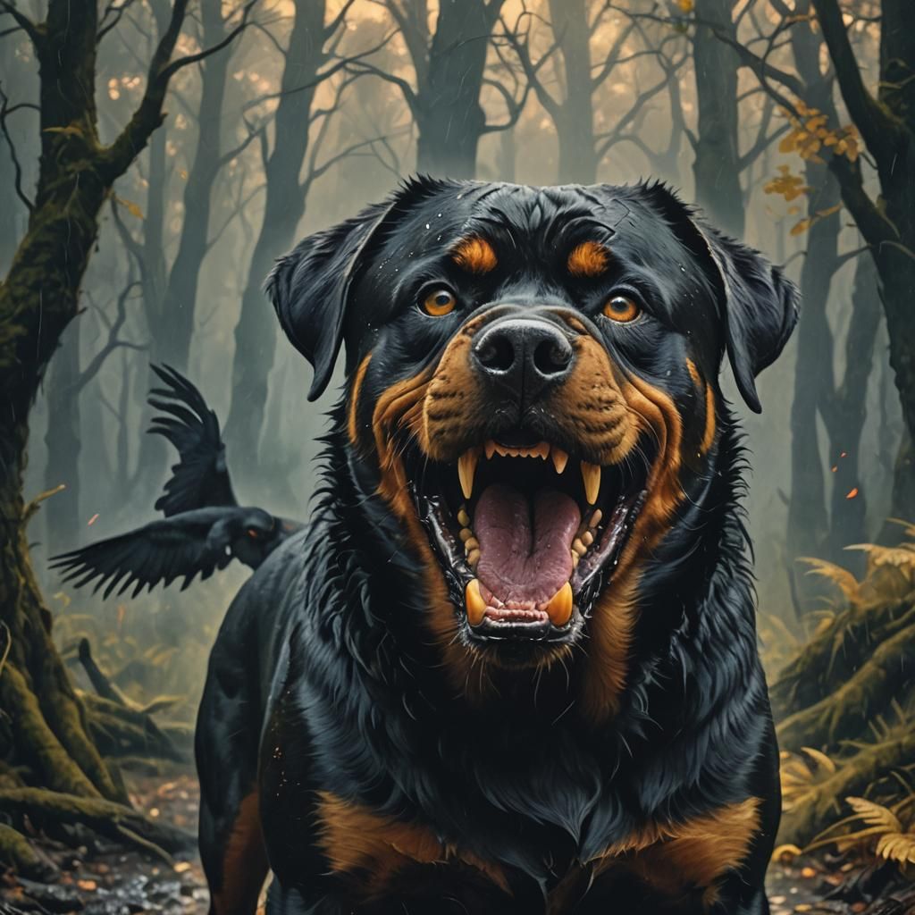 Menacing Rottweiler Growl in Ominous Forest