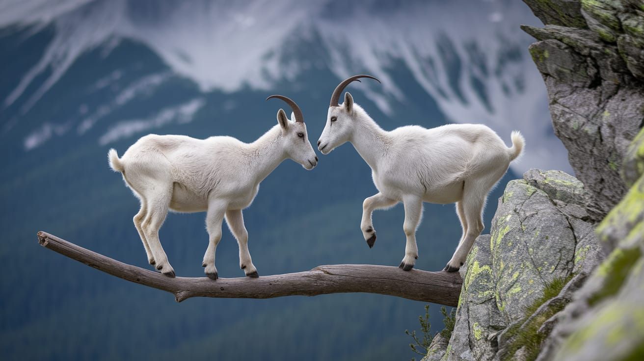 Mountain Goats on Perilous Cliffside Branch