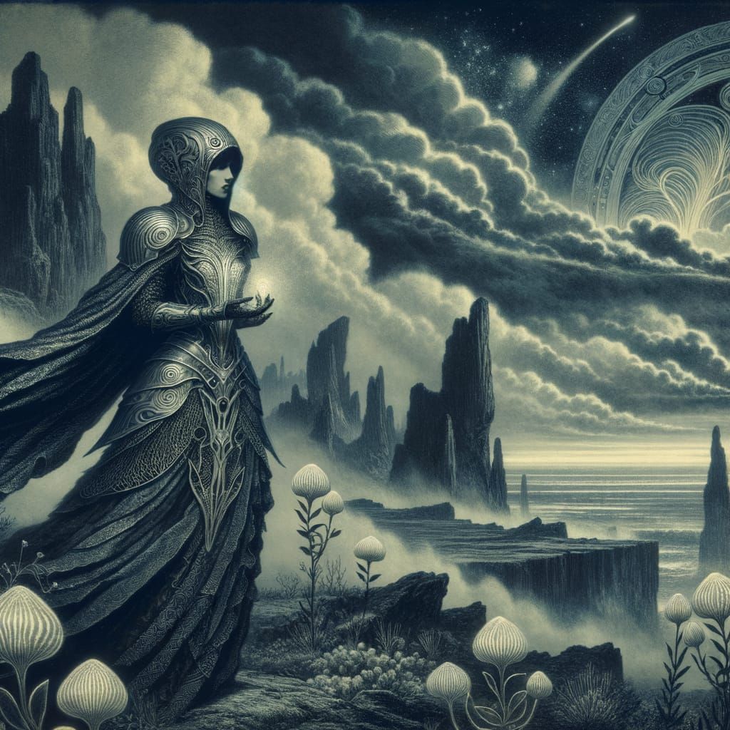 Gothic Warrior Overlooks Alien Sea in Art Nouveau Style