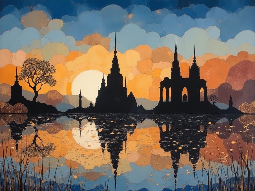 Ruined Cityscape Reflected in Sunset Lake, in a Vibrant Oil ...