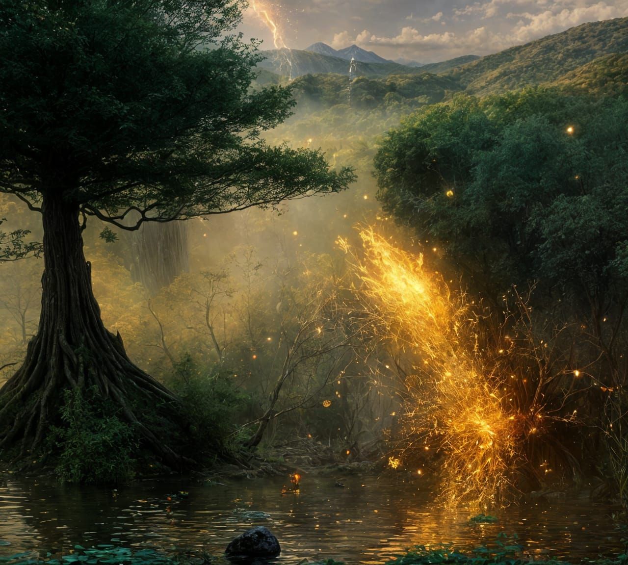 Biopunk Summer Landscape with Checkers and Pond