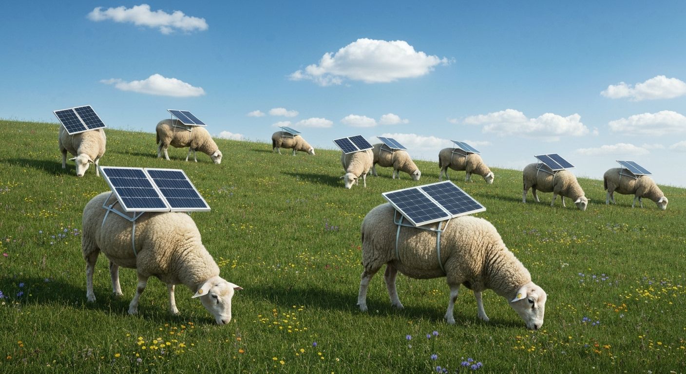 Sheep with Solar Panels Grazing on Hillside