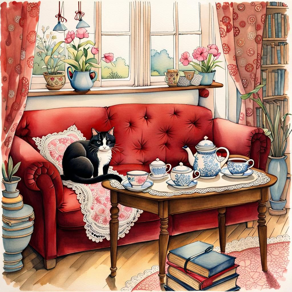 Cozy Living Room with Sleeping Cat: Watercolour Illustration