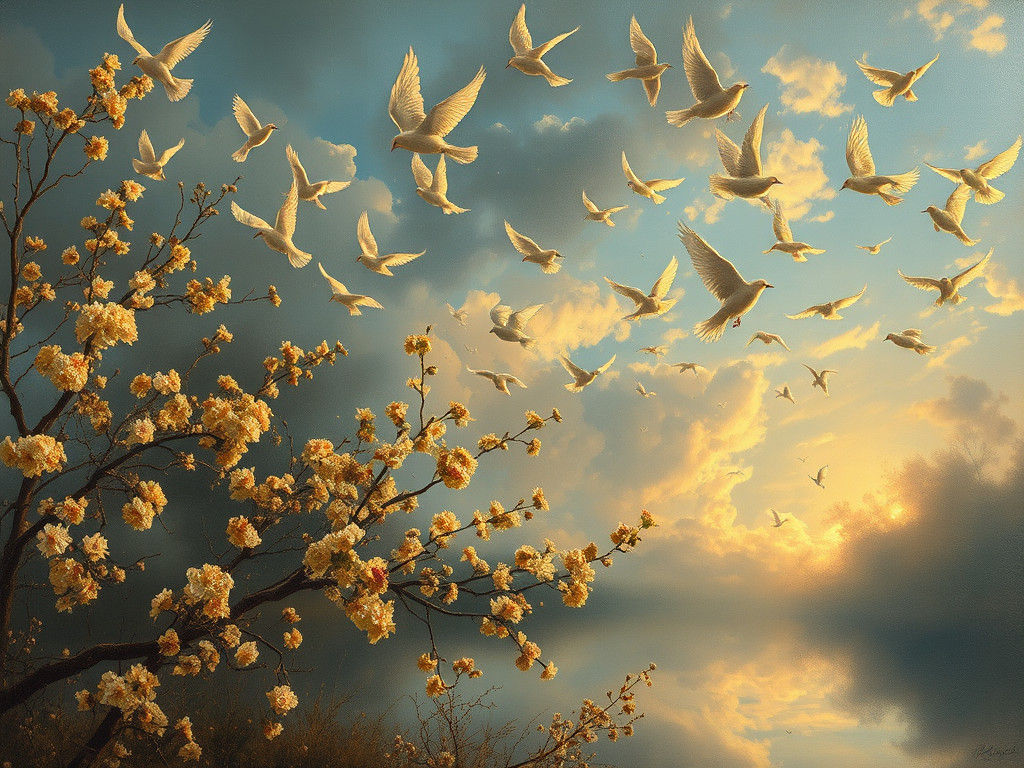 Birds Disappearing into Autumn Sky: Impressionist Art