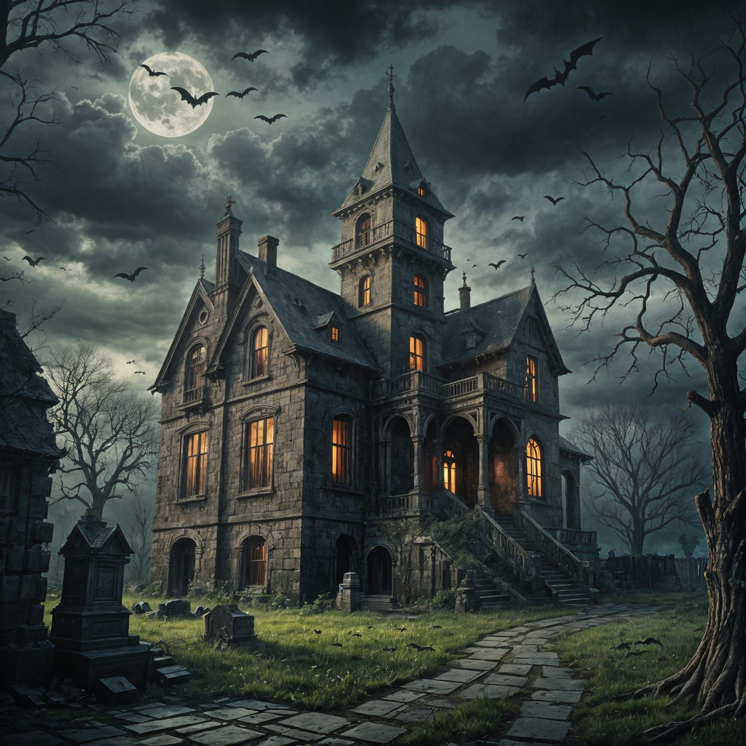 Eerie Haunted House with Bats and Ghosts