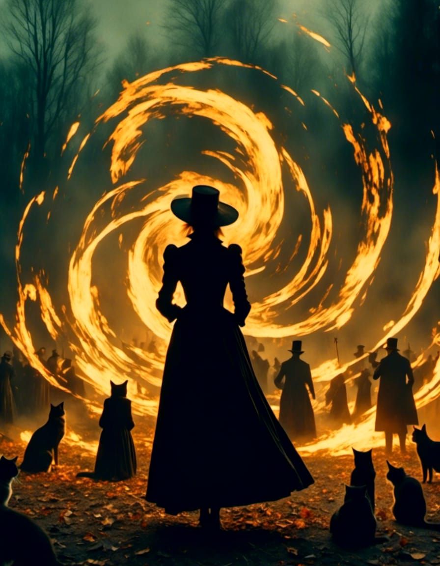 Witches Dancing in Firelight at Wiccan Ceremony