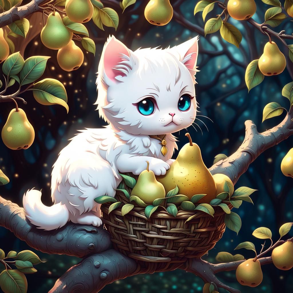 Chibi Cat in Pear Tree: Vibrant Digital Painting