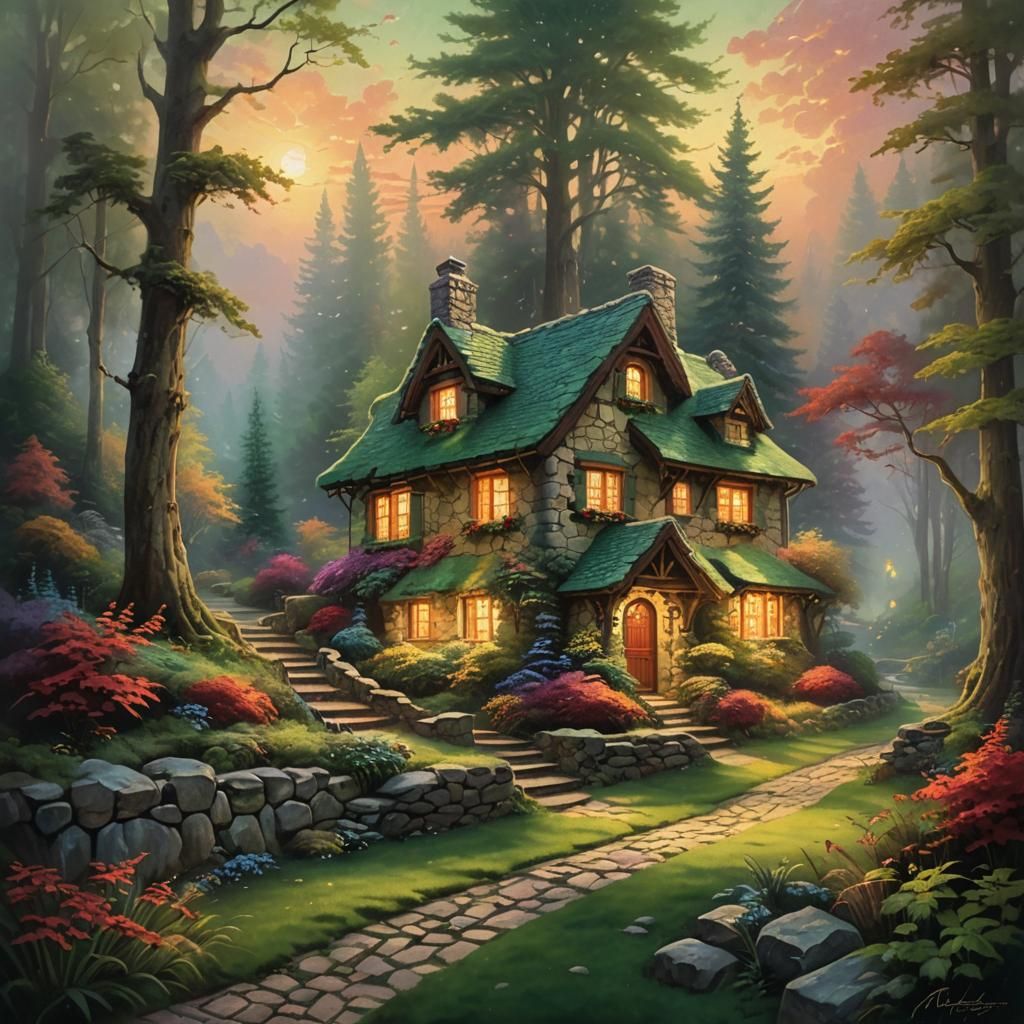 Enchanted Forest Cottage in Oil Painting Style