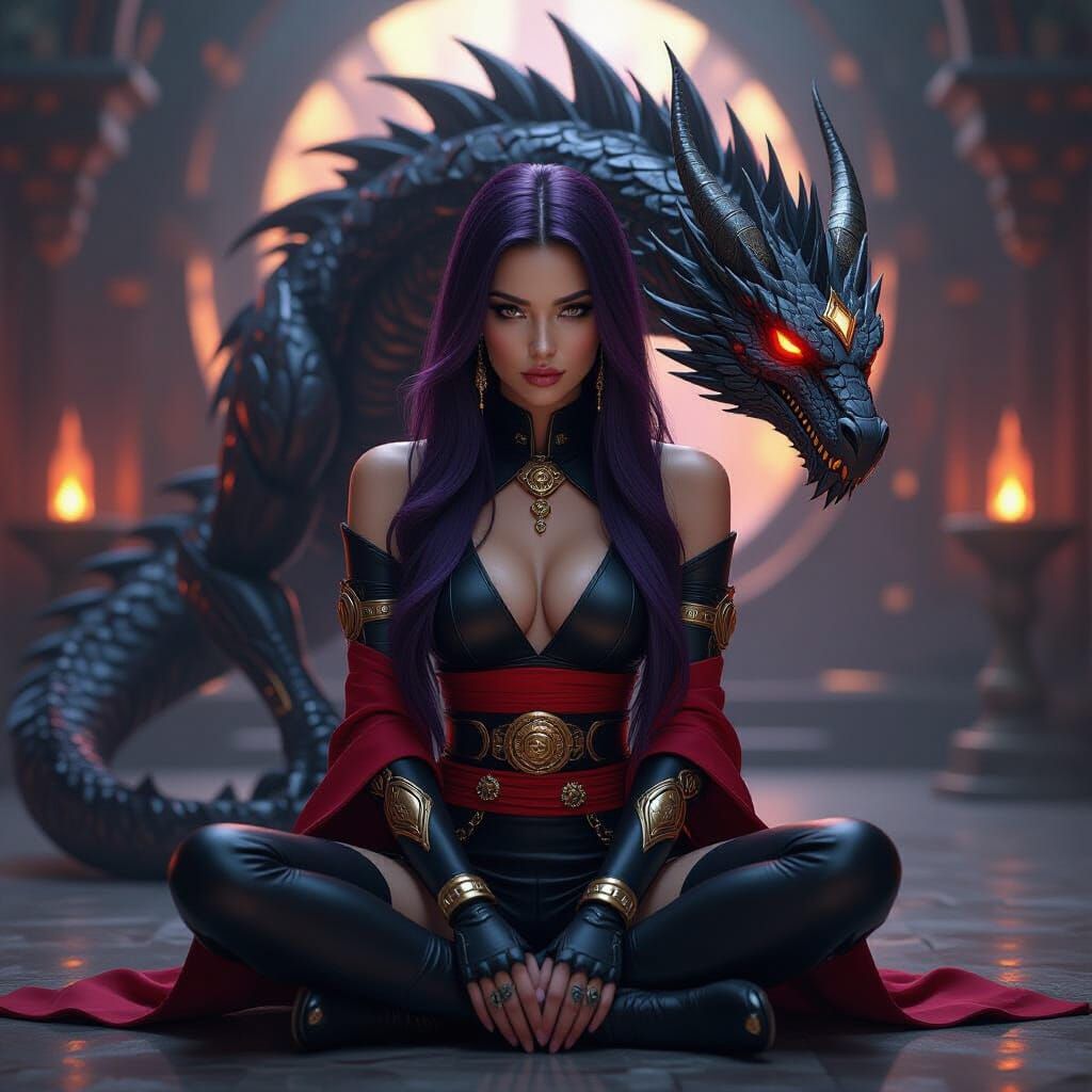 Elegant Woman with Mech-Dragon in Cyberpunk Chamber