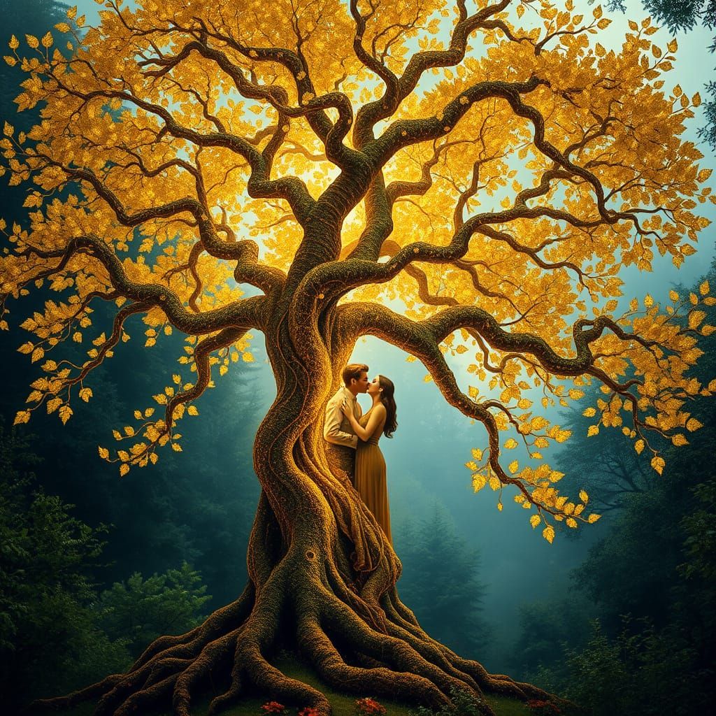 Golden Magic Tree in an Enchanted Forest Scene, Art Nouveau ...