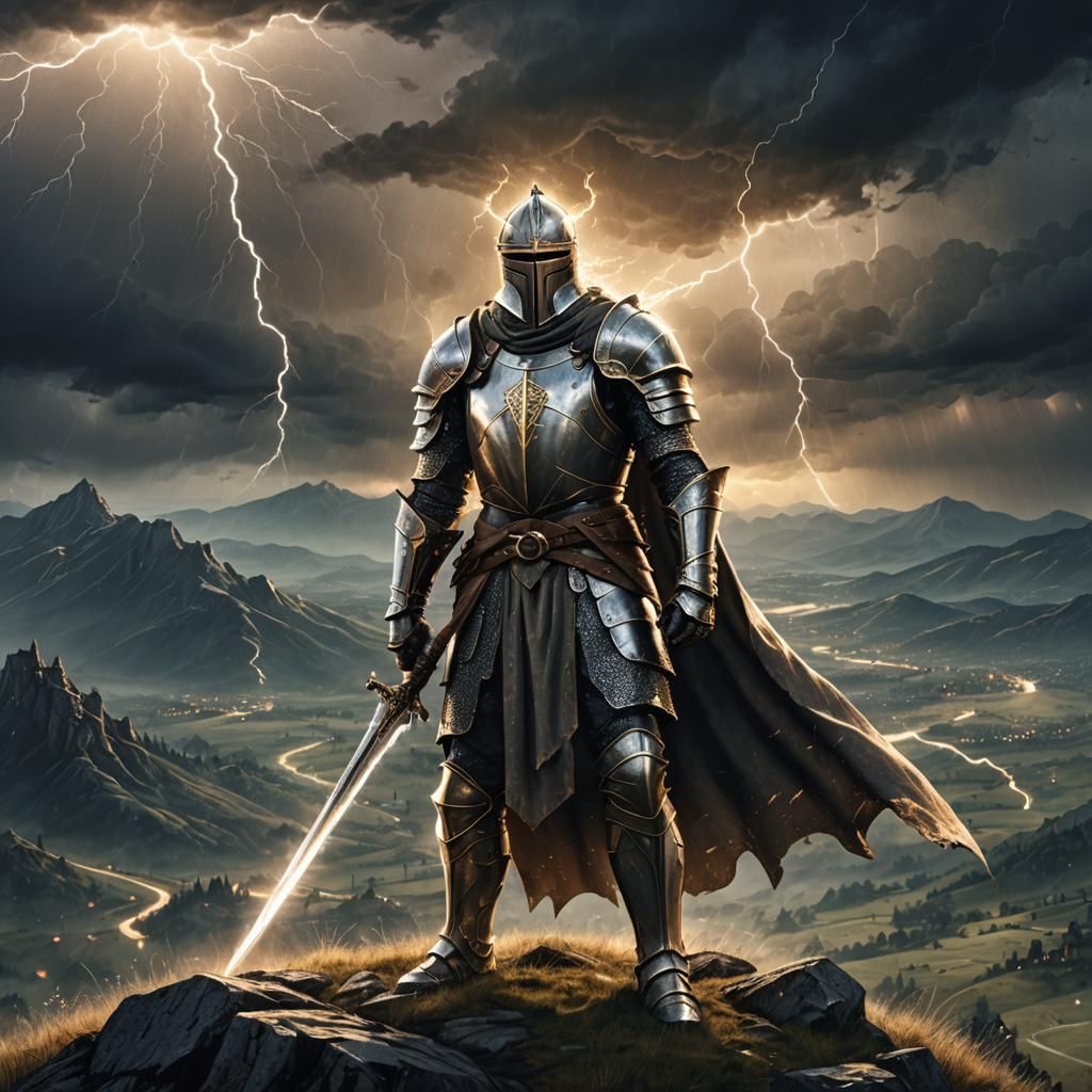 A medieval knight in armor, standing on top of a rocky hill ...