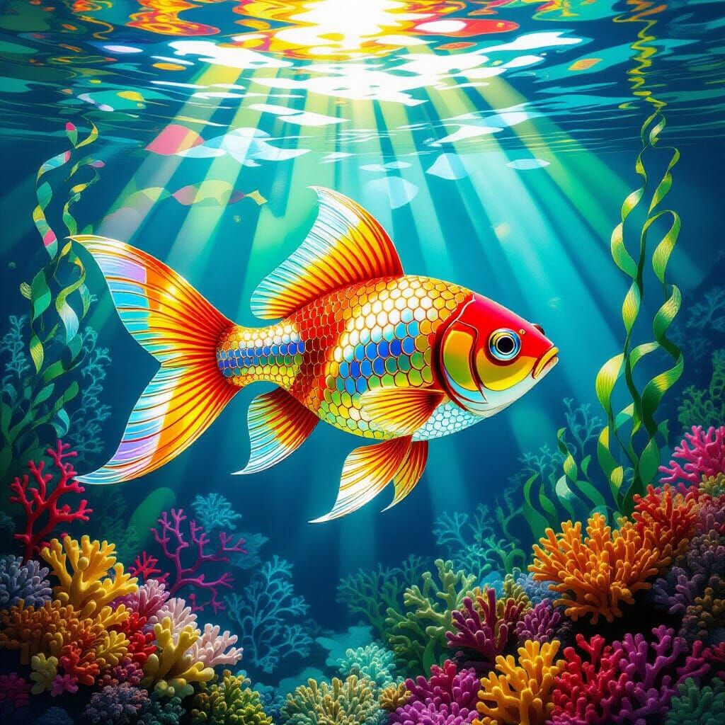 Iridescent Beaded Goldfish Mosaic in Surrealist Style