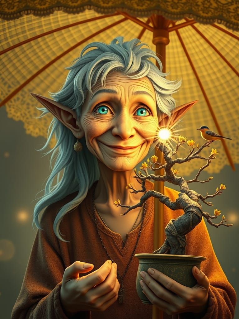 Elf Woman with Starlight Eyes and Bonsai Tree