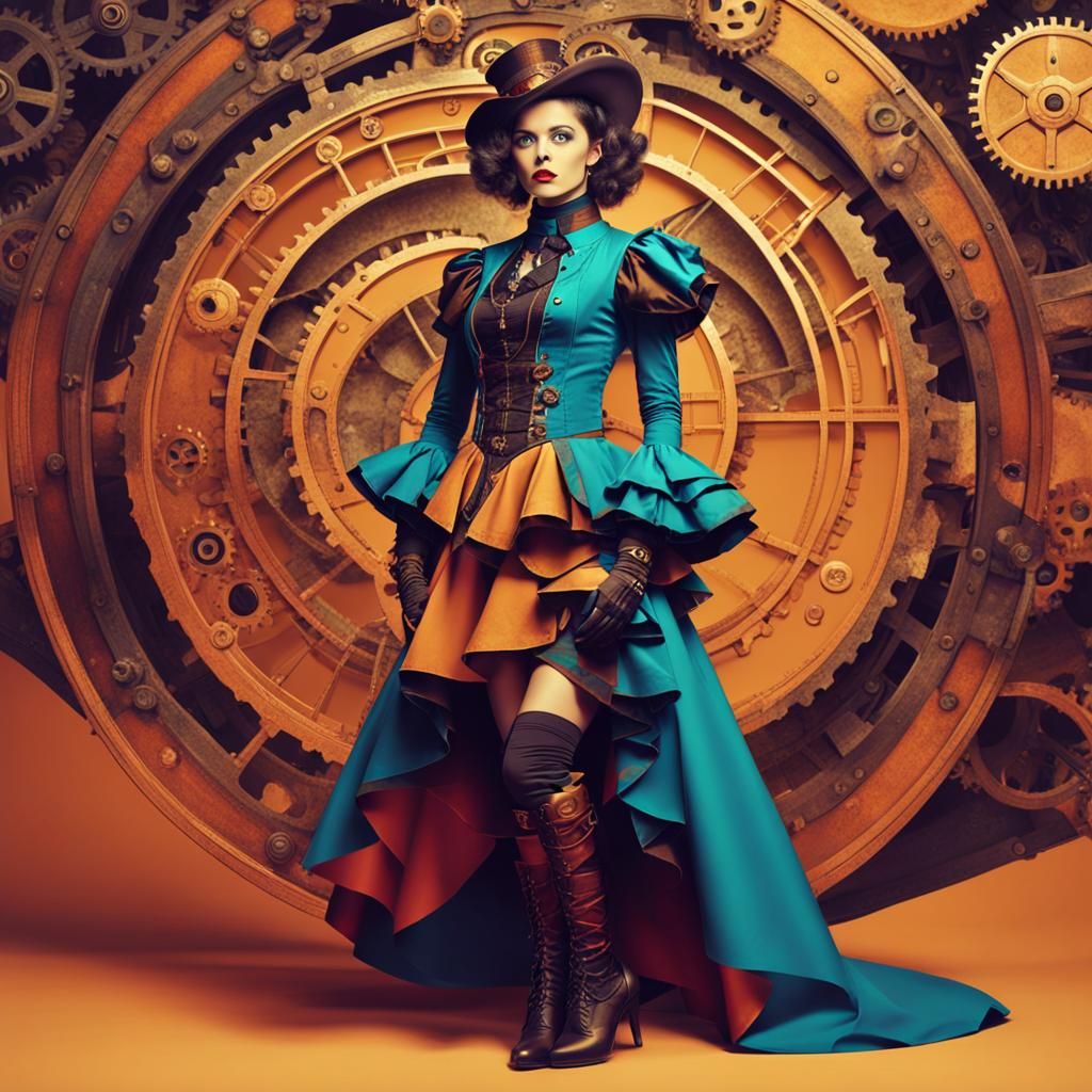 Steampunk Woman in Retrofuturistic Split-Complementary Color...