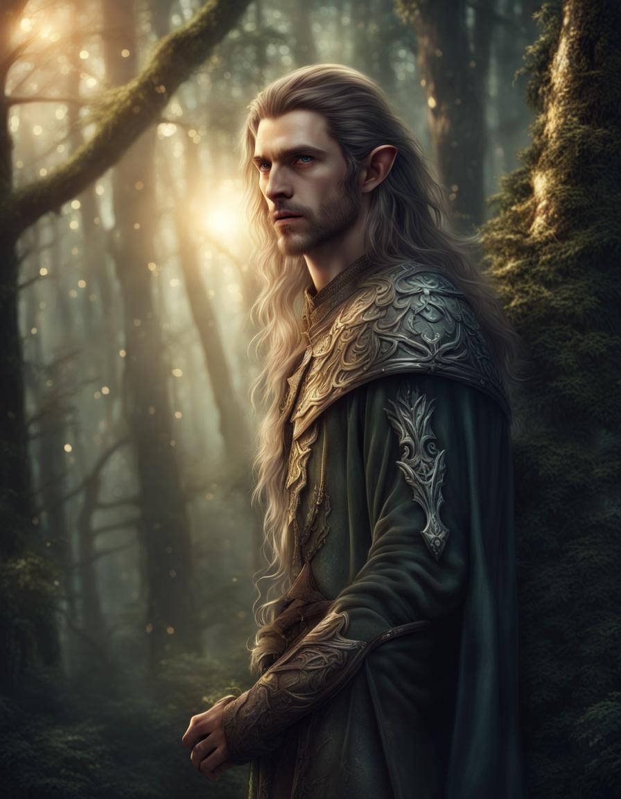 Handsome Elf Portrait in Forest, Digital Matte Painting