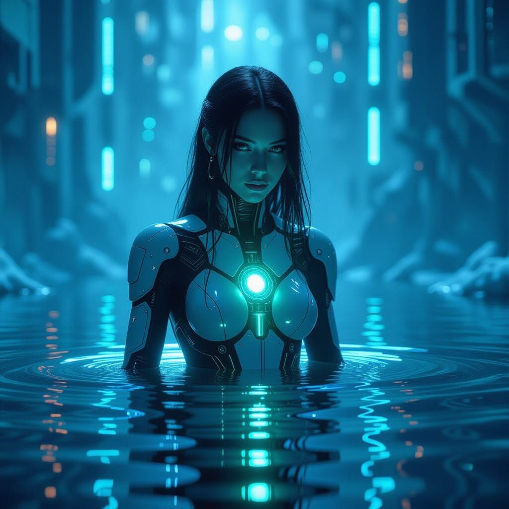 A serene android with glowing jade circuitry, levitating abo...